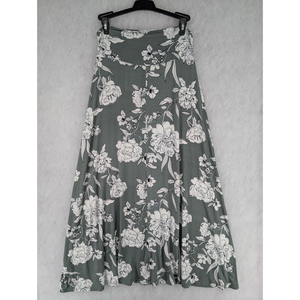 Market & Spruce Floral Maxi Skirt S Petite Sage Green Jersey Knit Boho Flowy - Picture 2 of 5